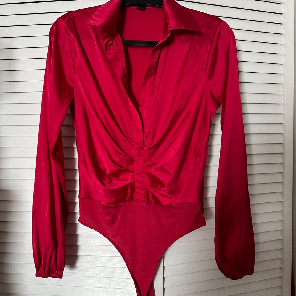 Red silk bodysuit blouse